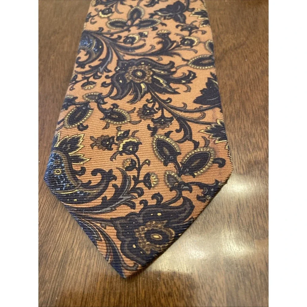 Ike Behar New York Mens Silk Tie Orange Navy Blue Gold Floral Paisley Ribbed